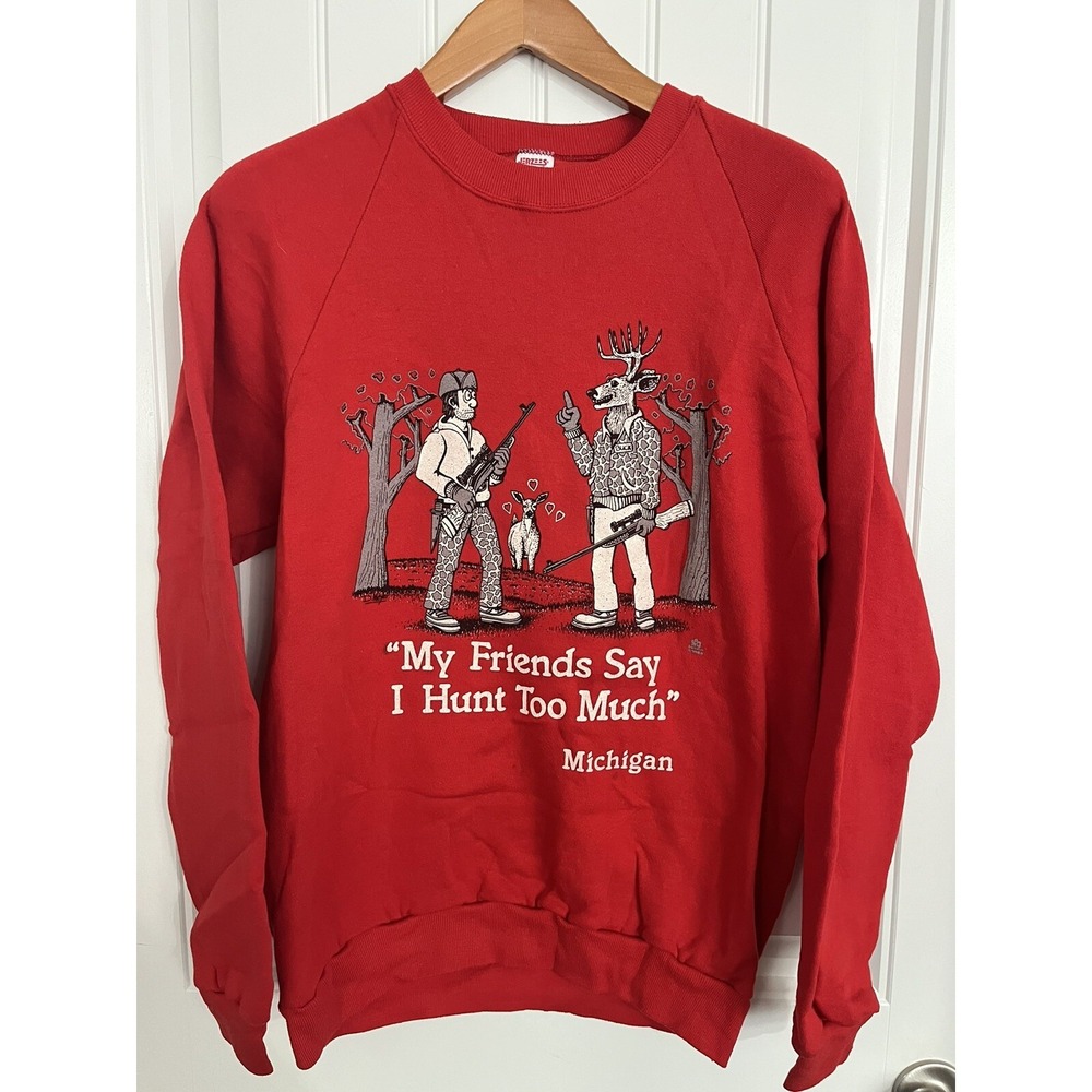 Vintage Mens‎ Large Red Raglan Sweatshirt Funny Deer Buck Hunting Michigan BB
